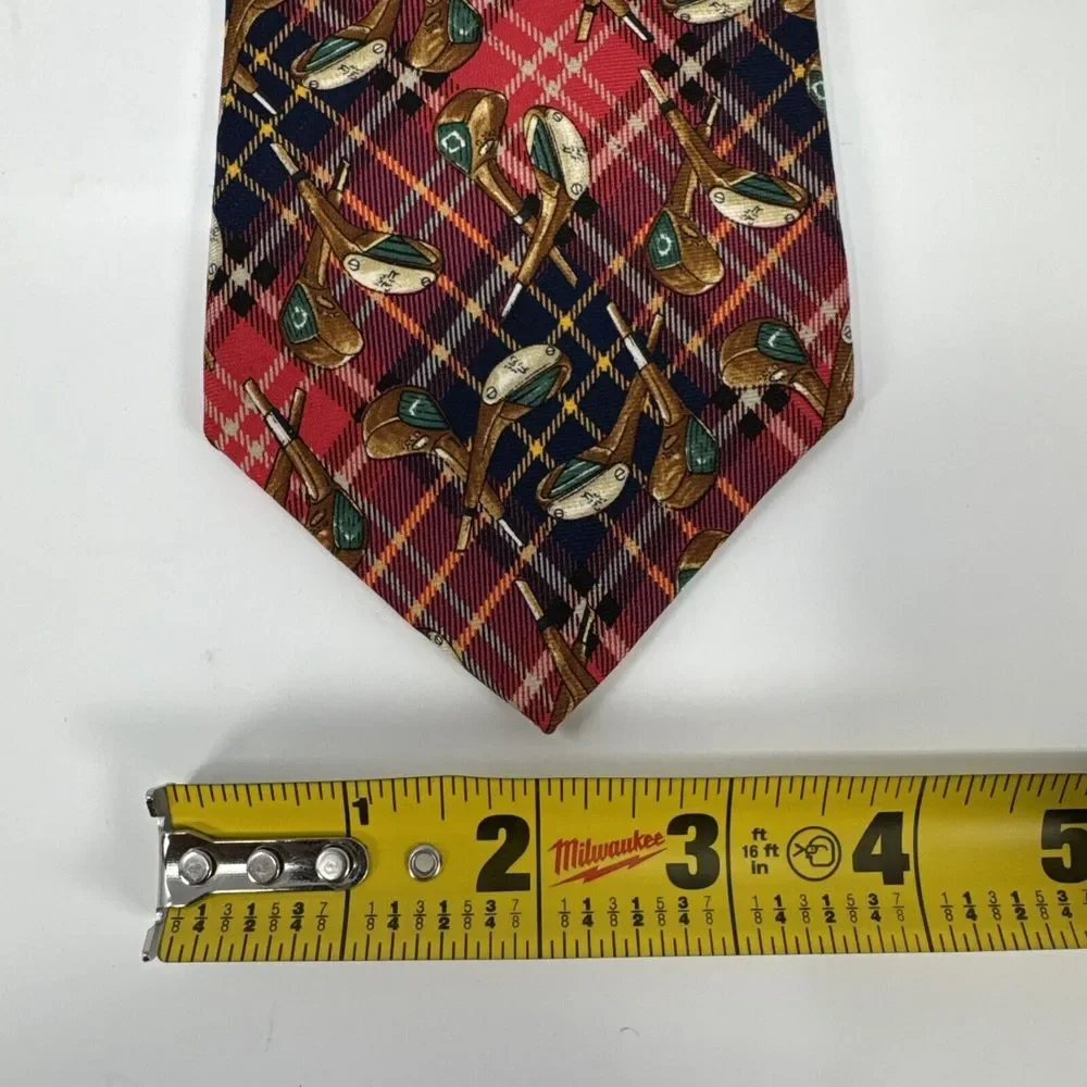 VTG Huntington Necktie‎ 100% Silk Golf Club Red Blue Plaid USA Made 3.75